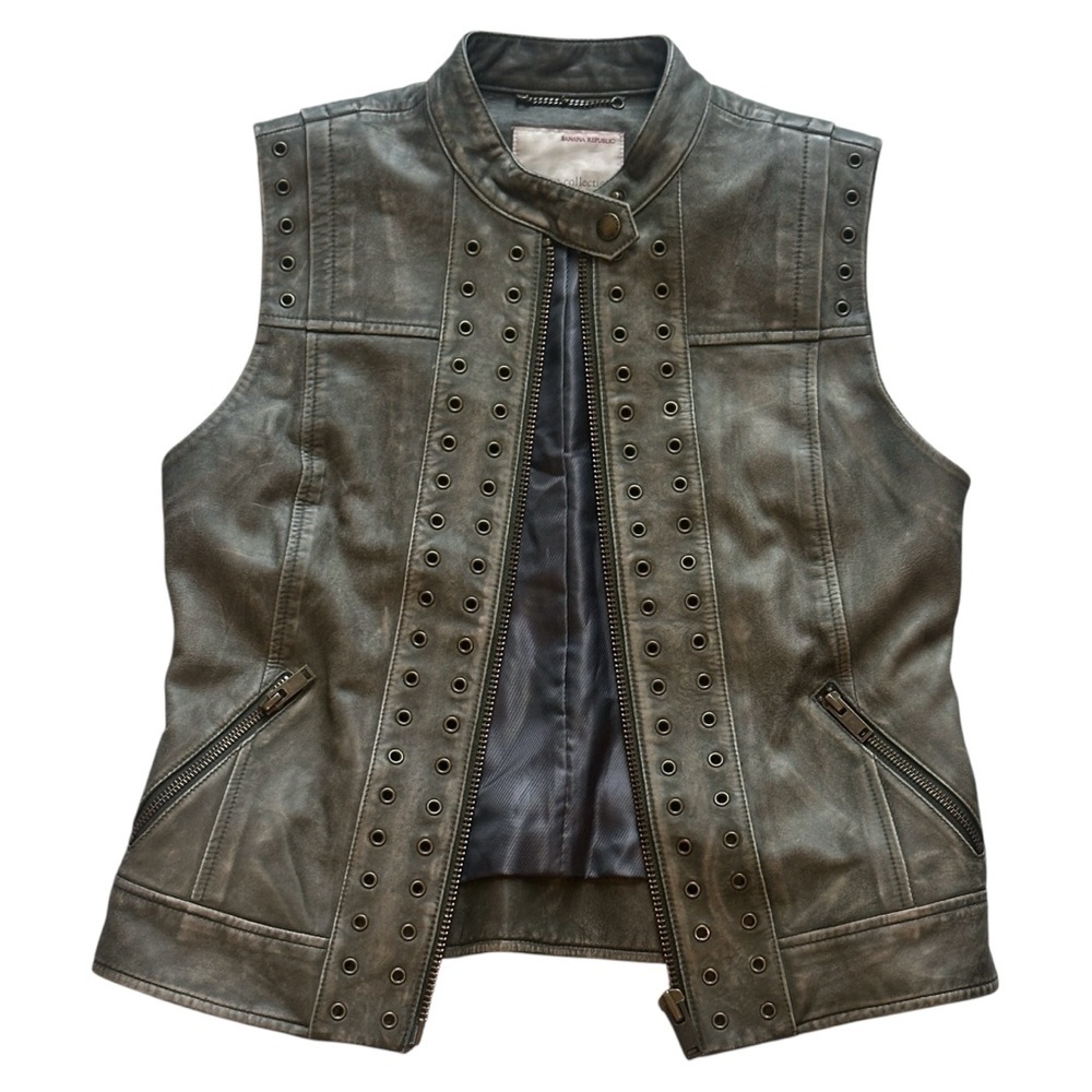 Banana Republic Heritage Lambskin Leather Grommet Moto Vest Olive Green Women XS